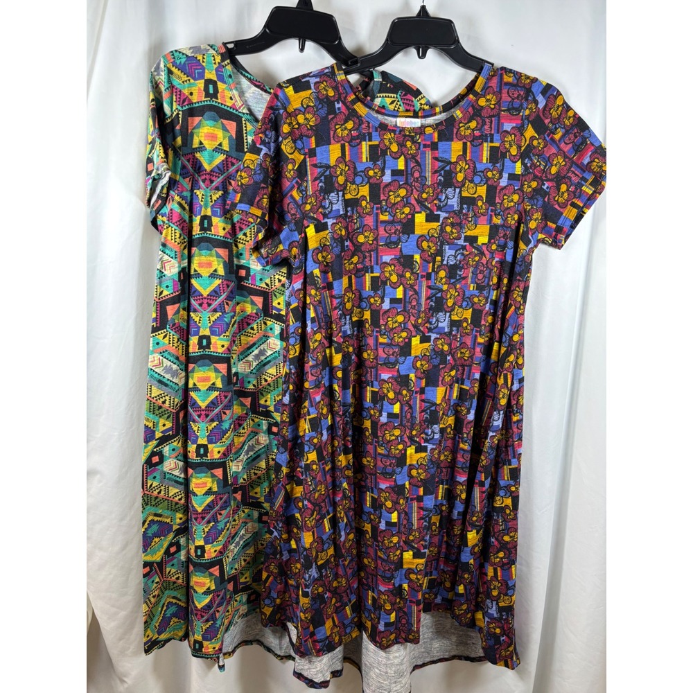 Lot of 2 LuLaRoe Carly High Low Swing Dresses XL Geometric Floral Short Sleeve
